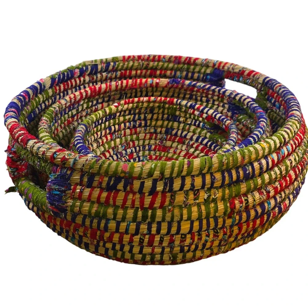 3 Large Round Woven Baskets Colorful Handles Nesting 18